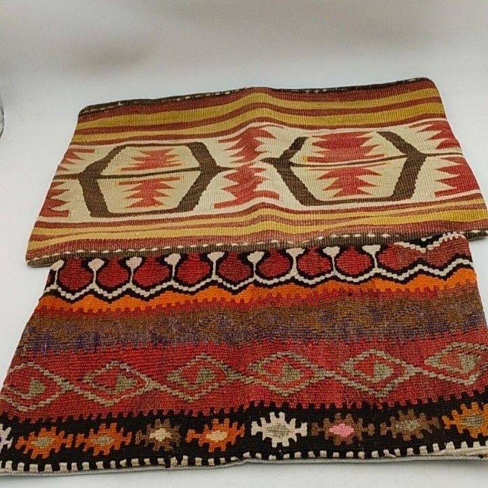 Kilim Tribal Pillow Covers Rectangle Multicolor Textured Decor Turkey Set of 2